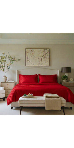 the White Moss - Red 220TC Cotton Striped Satin Bedsheet with 2 Pillow Covers (King)