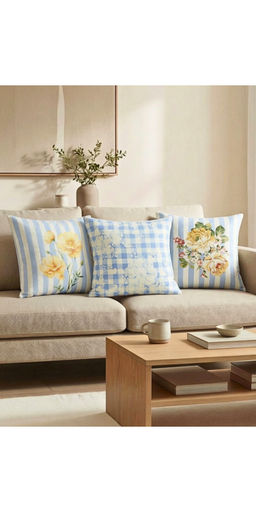 Haus & Kinder - Blue Cotton Digital Printed Butter Cream Cushion Covers (Pack of 3)