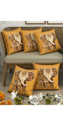 CHHAVI INDIA - Elephant Print Mustard Cushion Covers (Pack of 5) (M)