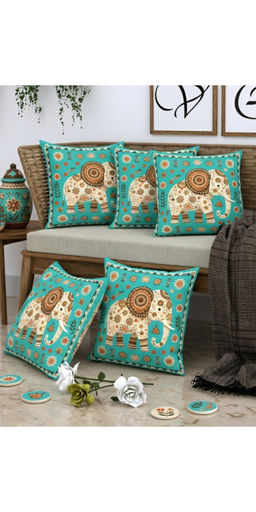 CHHAVI INDIA - Royal Elephant Teal Cushion Covers (Pack of 5) (M)