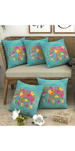 CHHAVI INDIA - Floral Elephant Teal Cushion Covers (Pack of 5) (M)