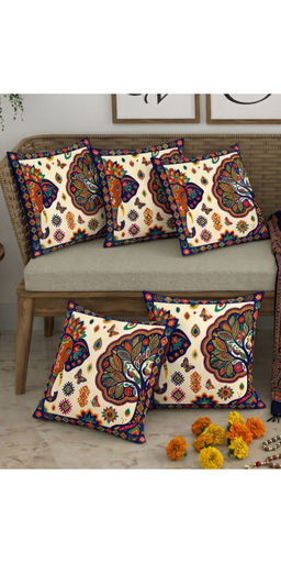 CHHAVI INDIA - Cream Royal Elephant & Tree of Life Cushion Covers (Pack of 5) (M)