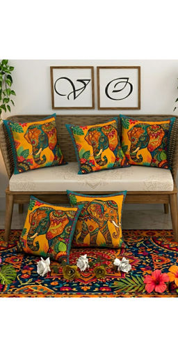 CHHAVI INDIA - Ethnic Elephant Mustard Cushion Covers (Pack of 5) (M)