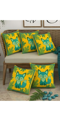 CHHAVI INDIA - Playful Fox & Leaves Yellow Cushion Covers (Pack of 5) (M)