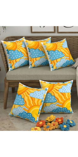 CHHAVI INDIA - Blue Radiant Sun & Polka Dot Cloud Cushion Covers (Pack of 5) (M)
