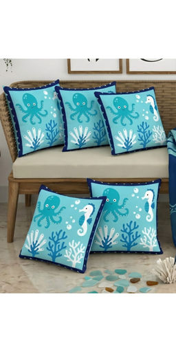 CHHAVI INDIA - Aquatic Octopus & Seahorse Blue Cushion Covers (Pack of 5) (M)