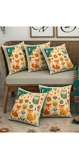 CHHAVI INDIA - Whimsical Forest Cream Cushion Covers (Pack of 5) (M)