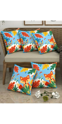 CHHAVI INDIA - Whimsical Fox & Autumn Leaves Sky Blue Cushion Covers (Pack of 5) (M)