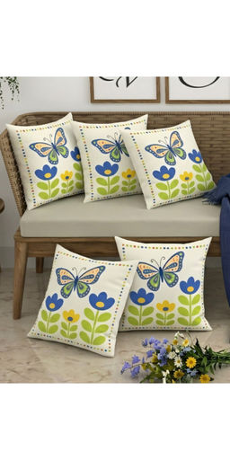 CHHAVI INDIA - Whimsical Butterfly & Floral Beige Cushion Covers (Pack of 5) (M)