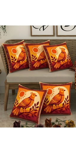 CHHAVI INDIA - Orange Majestic Bird & Sun Terracotta Cushion Covers (Pack of 5) (M)