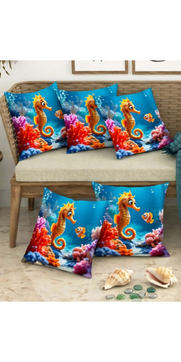 CHHAVI INDIA - Aquatic Seahorse & Clownfish Blue Cushion Covers (Pack of 5) (M)