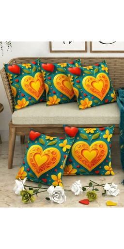 CHHAVI INDIA - Golden Heart & Floral Teal Cushion Covers (Pack of 5) (M)