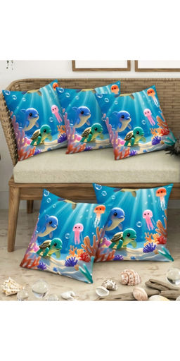 CHHAVI INDIA - Blue 3D Aquatic Dolphin & Turtle Cushion Covers (Pack of 5) (M)