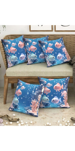 CHHAVI INDIA - 3D Aquatic Fish & Coral Blue Cushion Covers (Pack of 5) (M)