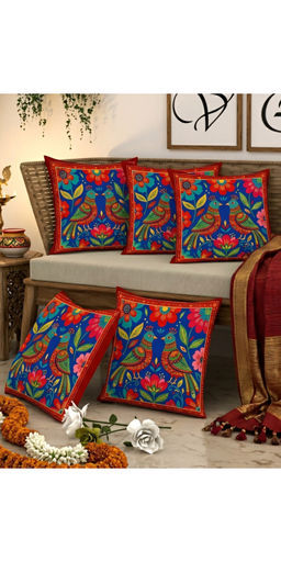 CHHAVI INDIA - Royal Peacock Blue & Red Cushion Covers (Pack of 5) (M)