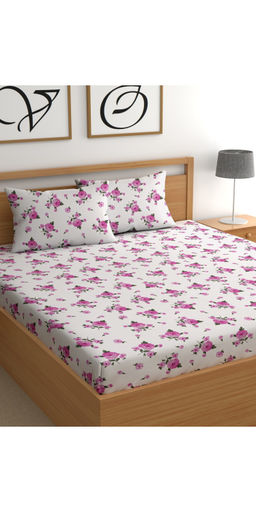 CHHAVI INDIA - Premium Floral White Microfiber Bedsheet with 2 Pillow Covers (Double)
