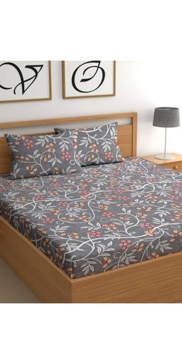 CHHAVI INDIA - Grey Floral Bliss 210TC Microfiber Bedsheet with 2 Pillow Covers (Double)