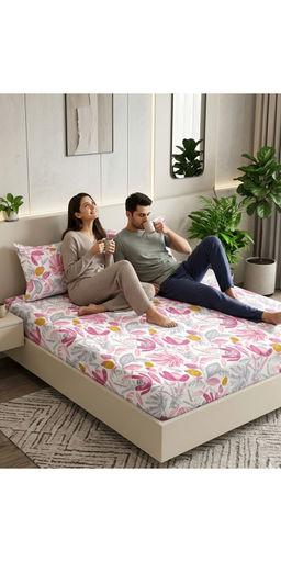 FABINALIV - White Floral 300TC Polycotton Bedsheet with 2 Pillow Covers (King)