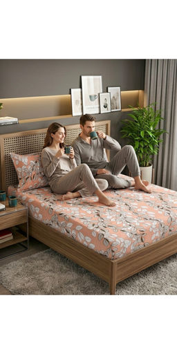 FABINALIV - Orange Floral 300TC Polycotton Bedsheet with 2 Pillow Covers (King)