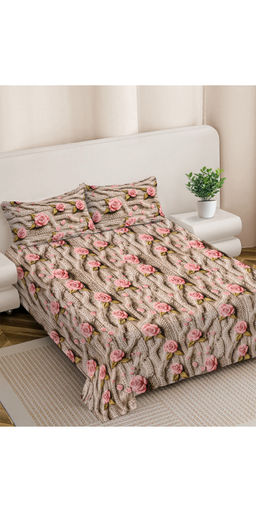 FABINALIV - Beige Floral 300TC Polycotton 7D Bedsheet with 2 Pillow Covers (King)