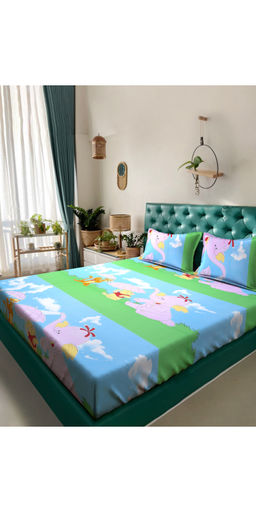 FABINALIV - Multi-Color Cartoon Print 300TC Polycotton Bedsheet with 2 Pillow Covers (King)
