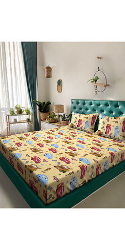 FABINALIV - Beige Cartoon Print 300TC Polycotton Bedsheet with 2 Pillow Covers (King)