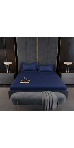 Stoa Paris - Navy Blue 350TC Lustre Cotton Fitted Bedsheet with 2 Pillow Covers