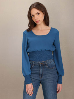 U.S. POLO ASSN. - Women Blue Smocked Detail Cropped Top