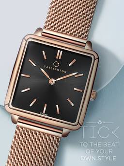 CARLINGTON - Women Rose Gold Stainless Steel Square Dial Watch (Iconic 2040 Black) (M)