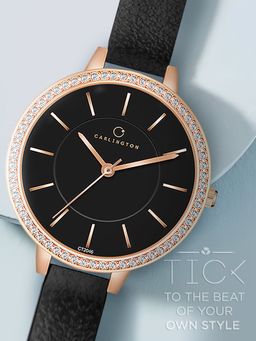 CARLINGTON - Women Black Pu Leather Round Dial Watch (Iconic 2046 Black) (M)