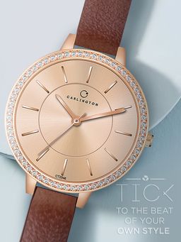 CARLINGTON - Women Brown Pu Leather Round Dial Watch (Iconic 2046 Brown) (M)