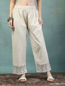 Clora Creation - Off-White Embroidered Khadi Cotton Palazzo