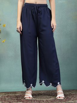 Clora Creation - Navy Blue Rayon Embroidered Palazzo