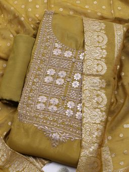 MEENA BAZAAR - Women Embroidered Green Unstitched Kurta with Pant and Dupatta