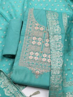 MEENA BAZAAR - Women Embroidered Green Unstitched Kurta with Pant and Dupatta