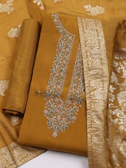 MEENA BAZAAR - Embroidered Unstitched Mustard Kurta with Pant and Dupatta