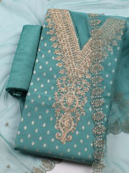 MEENA BAZAAR - Women Embroidered Green Unstitched Kurta with Pant and Dupatta