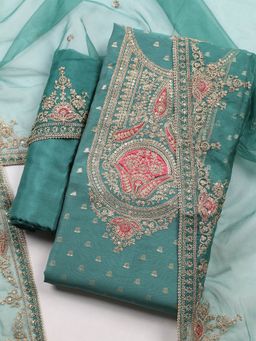 MEENA BAZAAR - Embroidered Unstitched Green Kurta with Pant and Dupatta