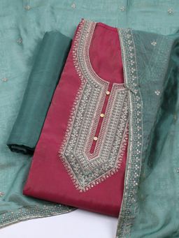 MEENA BAZAAR - Women Embroidered Green Unstitched Kurta with Pant and Dupatta
