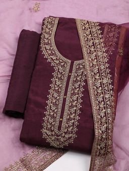 MEENA BAZAAR - Embroidered Wine Unstitched Kurta with Pant and Dupatta