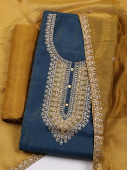 MEENA BAZAAR - Blue Embroidered Unstitched Kurta with Pant and Dupatta