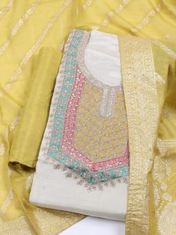 MEENA BAZAAR - Embroidered Cream Unstitched Kurta with Pant and Dupatta