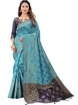 Odette - Women Blue Silk Blend Floral Saree with Unstitched Blouse
