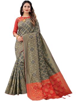 Odette - Women Grey Silk Blend Floral Saree with Unstitched Blouse