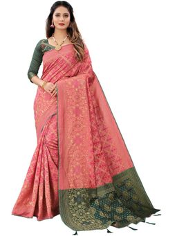 Odette - Women Pink Silk Blend Floral Saree with Unstitched Blouse