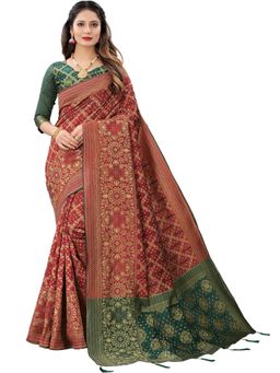 Odette - Women Maroon Silk Blend Floral Saree with Unstitched Blouse