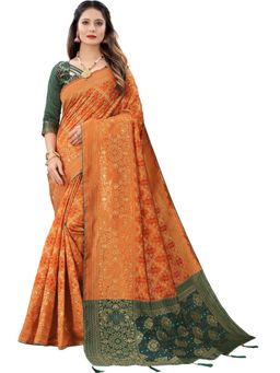 Odette - Women Orange Silk Blend Floral Saree with Unstitched Blouse