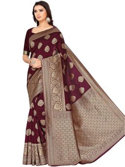 Odette - Women Maroon Silk Blend Woven Saree with Unstitched Blouse