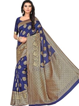 Odette - Women Navy Blue Silk Blend Woven Saree with Unstitched Blouse