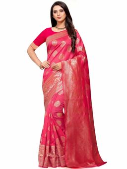 Odette - Women Pink Silk Blend Woven Saree with Unstitched Blouse